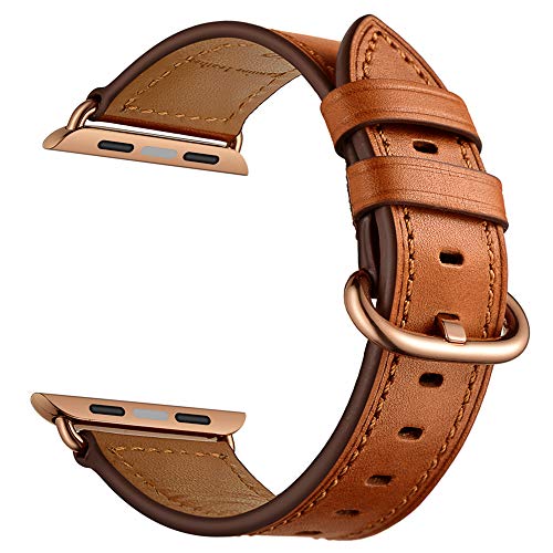 CINORS Leather Band Compatible Replacement for Apple iWatch 41mm 40mm 38mm Women Genuine Brown Leather Bands Wrist Strap with Rose Gold Buckle Replacement for Apple Watch Series 7 6 5 4 3 2 1 SE