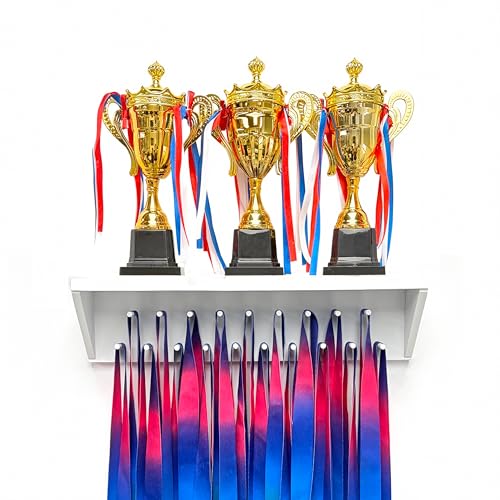 Medal Hanger Display and Trophy Shelf with Hooks - Wooden Medal Holder for Wall Mount Ribbon Display Trophy Display Shelf for Gymnastics Soccer Running Race Medals Awards Rack (WHITE 16)