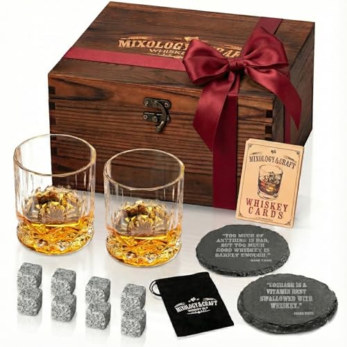 Mixology & Craft Whiskey Stones Gift Set: With Two 10oz Lead-Free Crystal Whiskey Glasses, 8 Whiskey Stones with Velvet Bag, 2 Slate Coasters & Recipe Cards in Wooden Crate | Great Holiday Gift