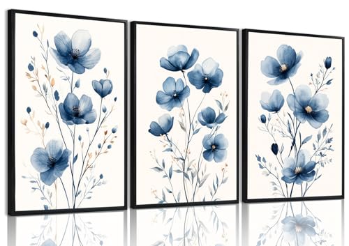 okudolit Navy Blue Wildflower Framed Canvas Wall Art Set Of 3 Flowers Pictures Prints Flowers Printing Floral Watercolors Flower wall Decor Living Room Bedroom Dinning Room Farmhouse Office-16 x24in