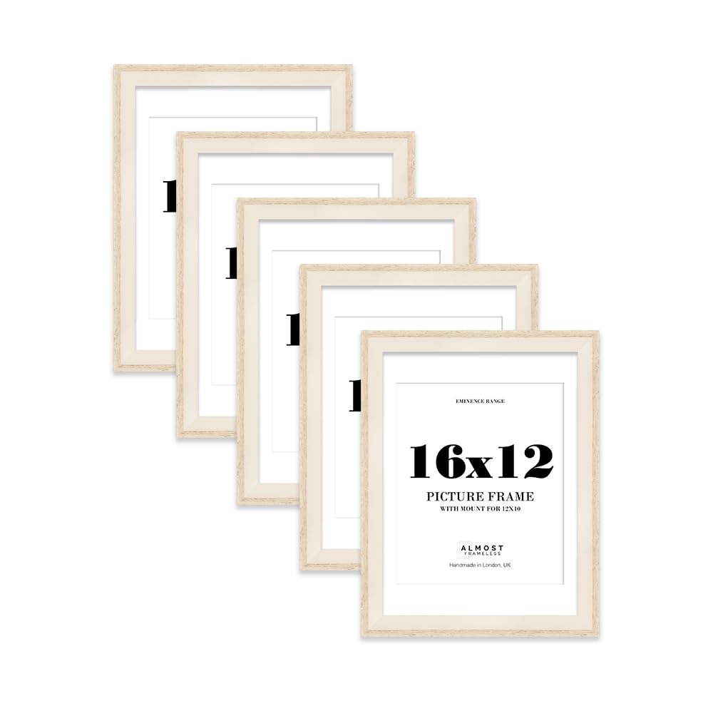 16x12" Oak Picture Frame with 12x10" Mount - Shabby Chic Photo Frame with Distressed Finish, Wall Hooks, 32mm Edge - 5 Pack