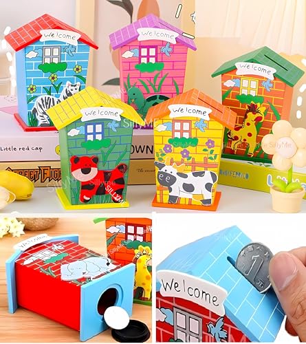 Image of 3pcs Wooden Piggy Banks - Return Gifts Birthday Party for Kids, Colourful Animal Hut Shaped Coin Banks - Return Gift for Kids Birthday Age 6-10 6-12