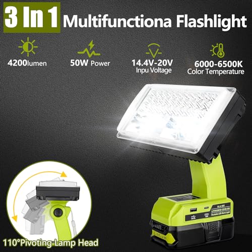Image of Choerinton 4200LM LED Work Light Compatible with Ryobi 18V Battery, 40W Cordless Jobsite Light Outdoor Floodlight with USB Charging Ports, Flashlight for Car Repair, Camping, Hiking, Garage, Emergency
