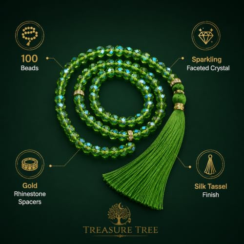 Image of Islamic Salat Prayer Tasbih - 100 Crystal White Beads - Tasbeeh for Dhikr, Zikr, and Meditation (Green)