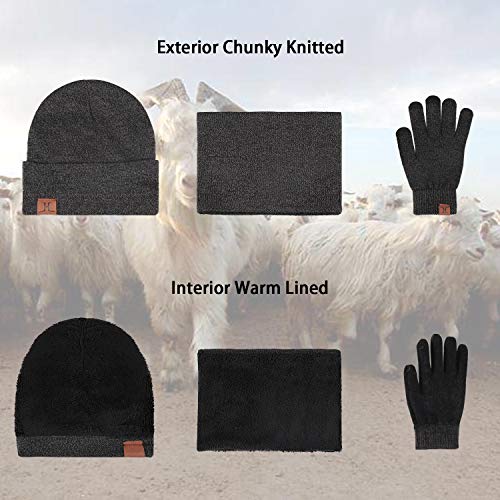 Winter Beanie Hat Scarf Touchscreen Gloves Set For Men And Women, Beanie Gloves Neck Warmer Set With Warm Knit Fleece Lined Dark Gray #TOP1