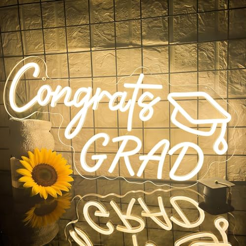 Congrats Grad Neon Sign with Graduation Cap 16.9 x 8.2 Warm White Grad Neon Light Dimmable Congrats Light Up Led Sign for Prom 2026 Graduation Party Class Room Celebration Present College Wall Decor