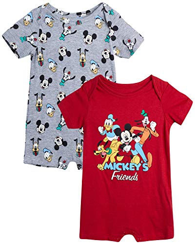 Disney Baby Boys' Mickey Mouse 2 Pack Short Sleeved Romper with Snap Closure (Newborn/Infant), Size 12 Months, Red/Grey Mickey & Friends