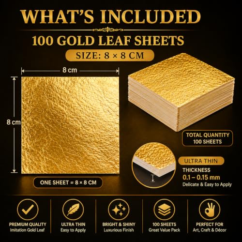 Image of A.K GOLD LEAF 100 Sheets 8x8cm Gold Leaf Sheets Foil Paper for Gilding Crafting DIY Arts Project Crafting Decoration Makeup Spa Art Craft Work (Gold)