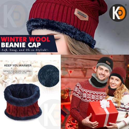 Image of K D Winter Wear 2-in-1 Woolen Beanie Cap & Muffler Set for Men & Women | Soft Thermal Wool | Fleece-Lined | Head & Neck Warmer | Unisex Winter Accessories (Cap /Muffler - Maroon Red)