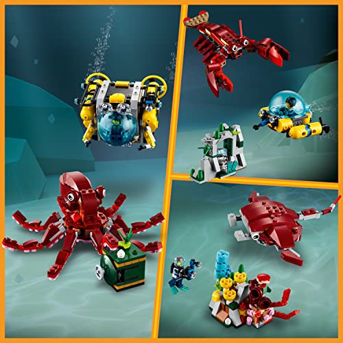 Creator 31130 - Giocattolo sottomarino 3 in 1 Tesoro sommergibile che si trasforma da polpo tp aragosta a manta, divertenti figure di animali marini - Lego - Immagine 3