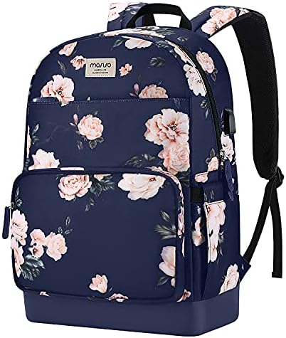 MOSISO 15.6-16 inch Laptop Backpack for Women, Polyester Anti-Theft Stylish Casual Daypack Bag with Luggage Strap & USB Charging Port, Camellia Travel Backpack, Blue