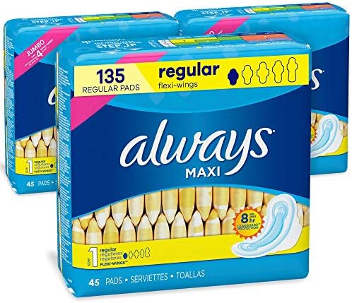 Always Maxi Feminine Pads with Wings for Women, Size 1, Regular Absorbency, FSA HSA Eligible, Unscented, 45 Count – Pack of 3 (135 Count Total)
