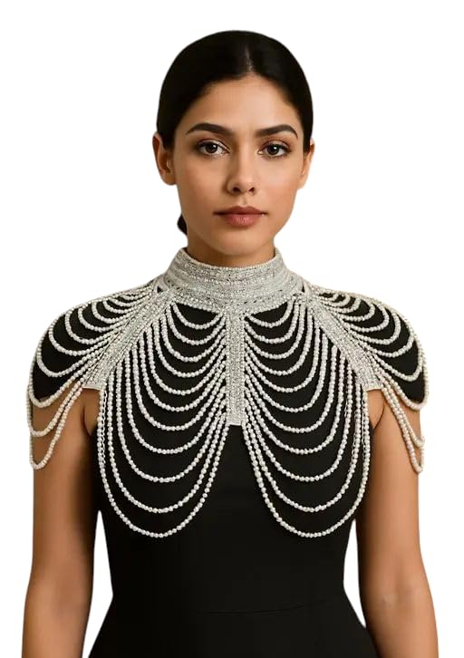 Womens Net Beaded Shoulder Cape Poncho for Women, Hand Crafted Ethnic Necklace for Saree, Dress, Suit Wedding White-image-47