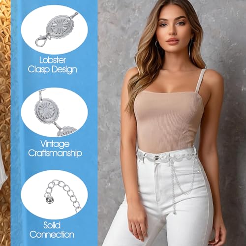 Prasacco Western Belts for Woman Metal Concho Belt Cowgirl Chain Belts Silver Vintage Western Belt for Dresses Jeans Country Concert Outfit3