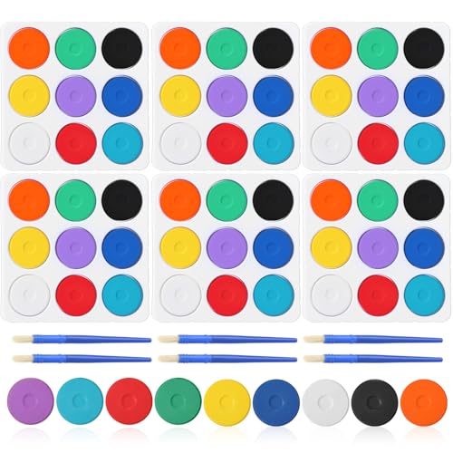 Nuanchu 54 Pcs Tempera Paint Cakes with Tray 9 Colors 2.24 x 0.71 Inch Giant Tempera Paint Set Painting Cakes Tray Palette with Paintbrush Paints Adults Art Supplies Crafts Drawing Artists