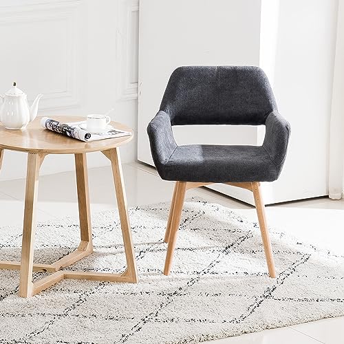 YEEFY Desk Chair No Wheels Vanity Chair Comfy Accent Chair for Living Dining Room Bedroom Home Office Mid Century Modern Upholstered Armchair with Wood Legs (Charcoal, 1) - Thumbnail 2