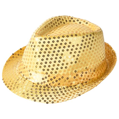 Aomig Sombrero de Lentejuelas, Chistera Glitter Unisex, Sombrero de Copa Accesorios de Discoteca de Años 70 para Carnaval Disfraz Fiesta Temática Fiesta de Lemas, Oro