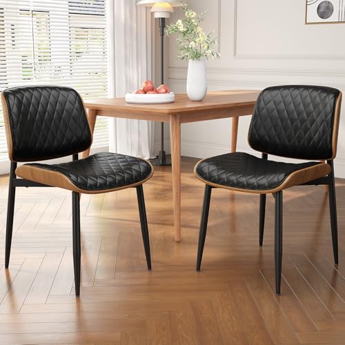 REONEY Dining Chairs Set of 2, Mid-Century Modern Upholstered PU Leather Chairs with Walnut Back and Metal Legs Adjustable Feet for Kitchen Dining Room, Black Diamond Plaid