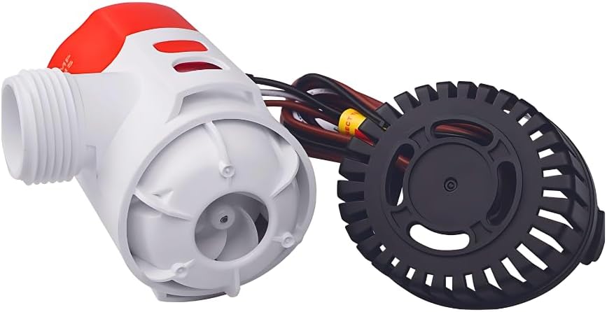 Nærbilde view of the SEAFLO 1100 GPH Bilge Pump with the motor cartridge separated from the strainer base, showing the impeller and internal structure.