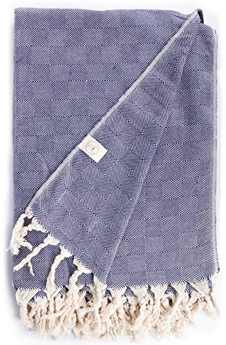 Bersuse 100% Algodón - Milas XXL Manta Toalla Turca - Multiusos Colcha de Cama, Funda de Sofa - Fouta para Baño y Playa, con Diseño de Diamante- Oeko-Tex - 150 x 230 cm, Azul Oscuro Cover