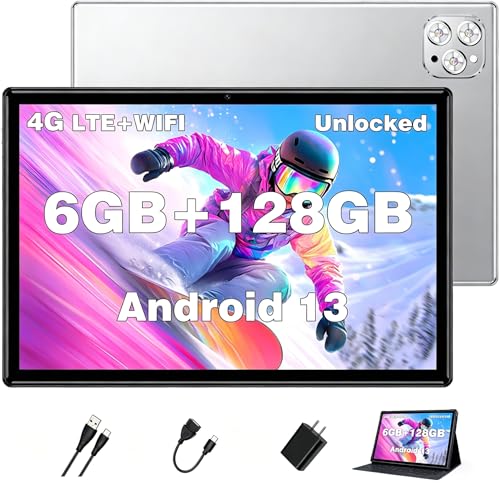 Image of Tablet Android Tablets 10 Inch, Octa-Core Android 13 Unlocked with SIM Card Slot, 128GB ROM+6GB RAM, 5MP+13MP Camera /5G WIFI GPS /BT /6000mAh /1280*800 IPS Screen /Cellular Tablet with Case(Silver)