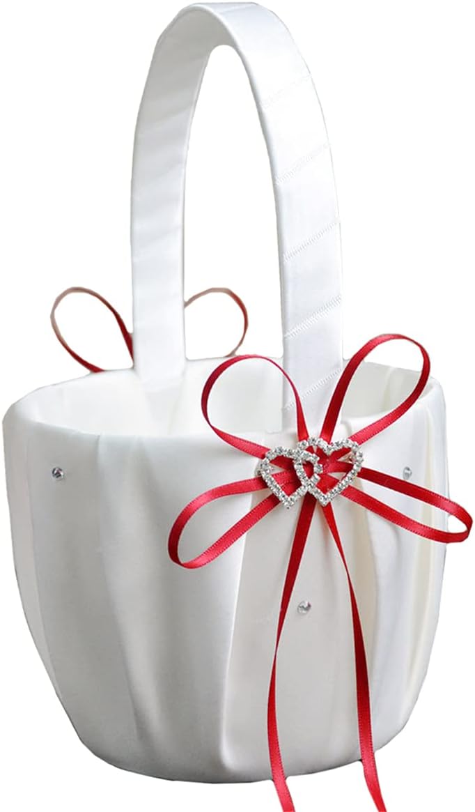 Bridal Thin Bow and Rhinestone Basket Flower Girl Heart-shape Decor Basket Ring Bearer Basket for Wedding Party Decoration