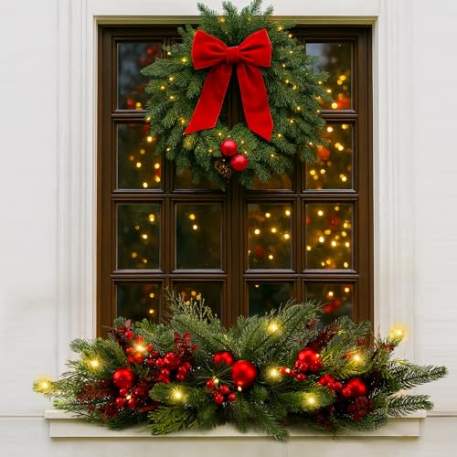 Yalikop 24.5 inch Christmas Swags with Light Artificial Pine Needles Swag Decoration Greenery Christmas Swag for Front Door Window Stair Fireplace Mantle Holiday Xmas Decor(Ball and Berry) by Yalikop - Image 6