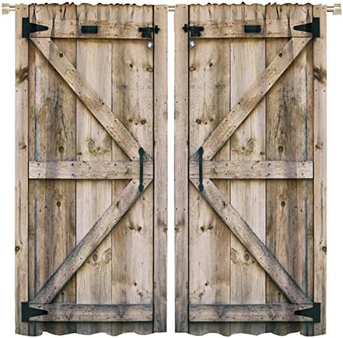MYS QiQi Rustic Wooden Barn Door Curtains Vintage Western Country Farmhouse Cabin Kitchen Rod Pocket Printed Window Drapes for Living Room Bedroom Decor 2 Panels 42x45in