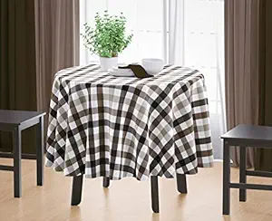 HOME COLORS.IN Checkered 4 Seater Round Table Cover - 100% Cotton - Yarn Dyed - Hand Woven - Machine Washable - Durable - Dining Table Cloth - 60 x 60 Inch - Brown