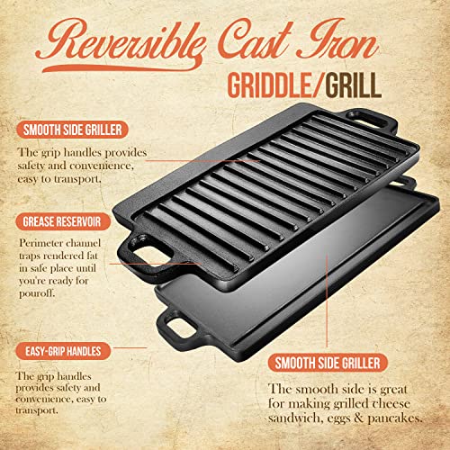 Cast Iron Griddle Plate 13 X 8 Inch | Reversible Cast Iron Grill/Griddle Pan | Double Sided Stove Top Griddle On Single Burner | Pre-Seasoned Small Cast Iron Griddle 1 Piece #TOP3