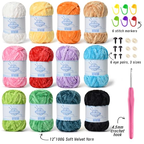 Image of 12 Pack 590 yds Chunky Chenille Yarn for Crocheting and Hand Knitting with Black Red White Green Orange Blue Plush Velvet Yarn，Baby Blanket Yarn for Crocheting Soft Amigurumi Yarn C