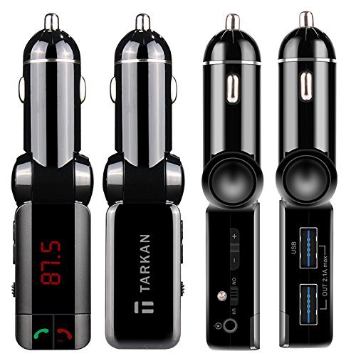 TARKANDual USB Port 2.1A Bluetooth Smart Car Charger Kit with Audio Output For All Android IOS Smartphones (Black)