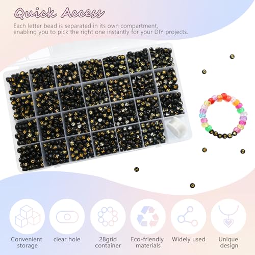 Image of Looconi 1400pcs 4x7mm Black Letter Beads Round Acrylic with Gold Alphabet A-Z Heart Pattern Beads and Crystal Line for Jewelry Making (Black&Gold)