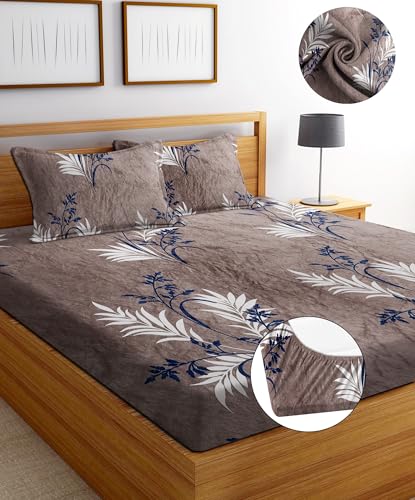 Image of Premium Elastic Fitted Warm bedsheets for Winter for Double Bed, Elastic Fitted Winter bedsheets for King Size Bed with 2 Pillow Covers, Size - 72 x 78 Inches (Beige Leaf)