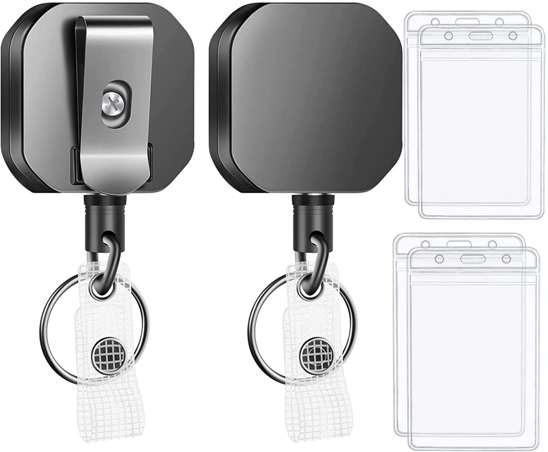 Metal Badge Holder with Belt Clip Key Ring and 6 Pieces Plastic ID Card Holders & Steel Wire Cord -25in (Pack of 2)