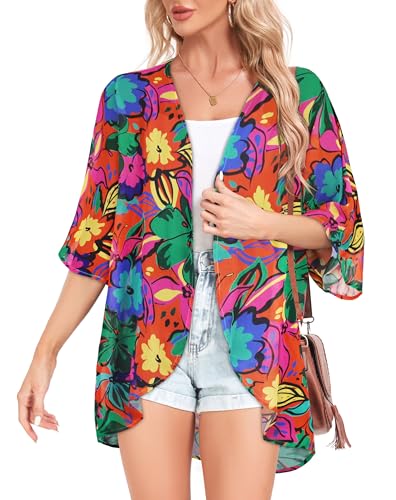 Image of Kimonos for Women Summer Cardigan Chiffon Floral Cover up Loose Casual Top Blouse
