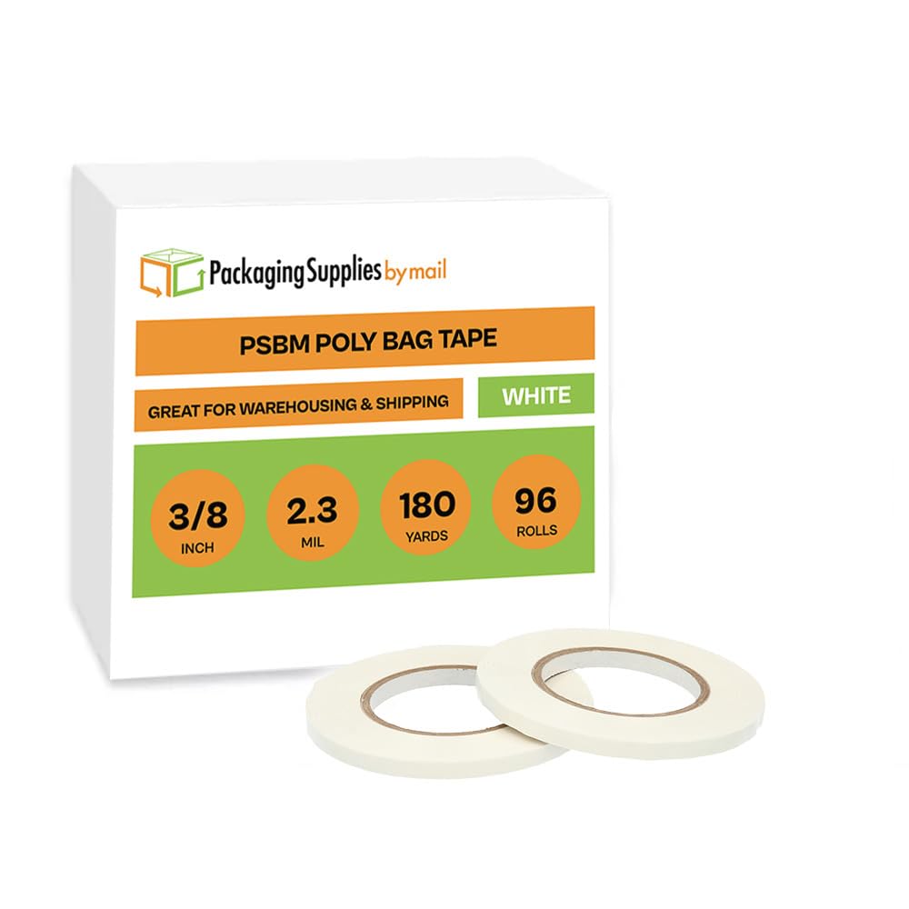 PSBM White Poly Bag Sealing Tape, 96 Rolls, 2.3 Mil Thick, 3/8 Inch Wide, 180 Yards Per Roll, Total 17280 Yards, Colored Sealer Tapes for Wrapping,