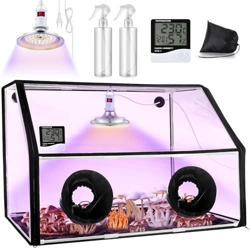 Meonum Large Still Air Box Mushroom Grow Tent, 30x20x20 in Mycology Fume Hood Propagation Stations with LED Growing Light and Thermometer, Monotub Kit for Grow Bags, Growers, Home Scientists(Clear)