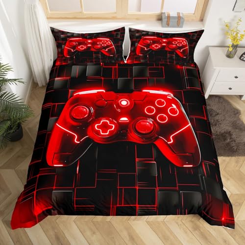 Kids Games Duvet Cover Set Twin Size, Red Gaming Bedding Set for Boys Girls Teens Room Decor, Black Video Gamer Controller Comforter Cover, Reversible Gamepad Quilt Cover, 1 Pillowcase, No Comforter