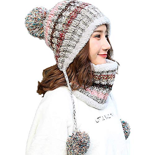 Luoistu Winter Mütze schal set Damen Strickmütze bommel Warme Beanie Winter Mütze und Schal mit Fleecefutter,u00a0 für Reiten, Skifahren und Outdoor-Aktivitäten, beste Geschenk (Grau)