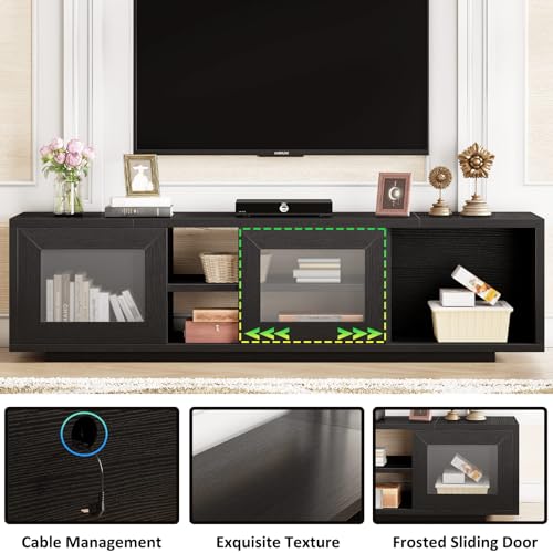 HSH 55 Inch Black Oak TV Stand for TVs up to 60 Inches, Modern Low Profile TV Console Cabinet with Sliding Doors and Storage, Wood Media Console Entertainment Center for Living Room