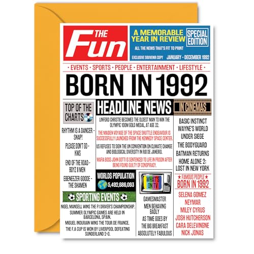Stuff4 Biglietto di auguri il 32° compleanno donne e uomini con giornale Born In 1992 biglietto di auguri il 32° compleanno sorella fratello amico vintage retro nel 1992 formato A5