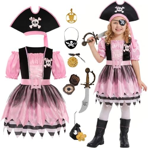 Cuteshower Girls Pirate Costumes for Kids Sea Buccaneer Costume Pink Pirate Dress Halloween Cosplay Party