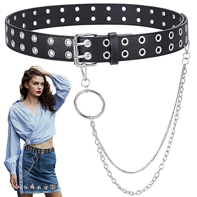 Cintura Donna Punk In Pelle PU Con Catena, Borchie E Fibbia A Perno, Regolabile, Lunghezza 100 Cm, Larghezza 2,8 Cm