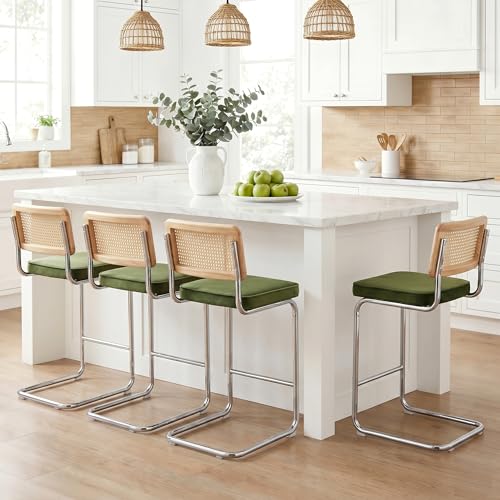 Image of Zesthouse Natural Rattan Counter Stools Set of 4, Olive Green Modern Bar Stools with Solid Wood Back & Chrome Base, 26 inch Velvet Counter Height Barstools, Mid Century Cesca High Chair for Kitchen Island