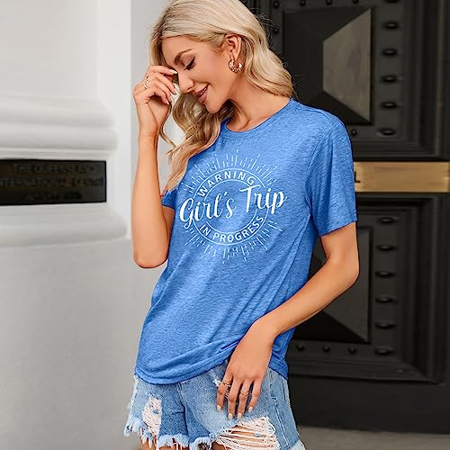 Image of Women's Casual Warning Girls Trip in Progress T-Shirt Casual Crewneck Short Sleeve Graphic Tee