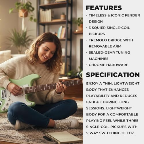 Image of Fender Squier Stratocaster Electric Guitar, Beginner Guitar, with 2-Year Warranty, Includes Free Lessons, Surf Green with Matte Finish