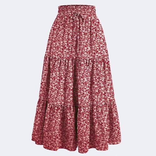 Womens Skorts Floral Maxi Pleated Skirt Tiered Drawstring Elastic High Waisted A Line Vacation Boho Flowy Ruffle Skirt2