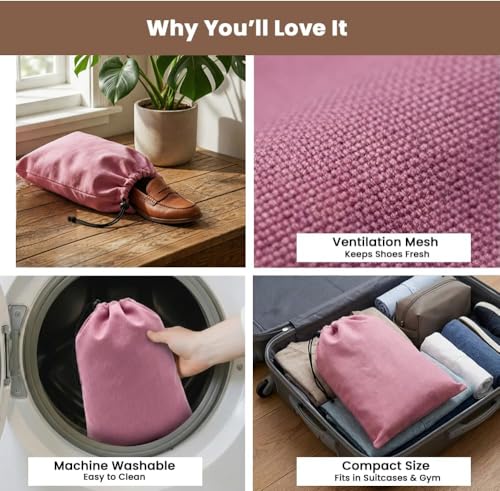 Image of LFH Cotton Rich Shoe Storage Bags with Drawstring, Dustproof Breathable Reusable Organizer, Perfect For Travel, Dorm, Hotel, College, Gym, Easy to Carry, Machine Washable 8 inchx17 inch (Pack of 2) - Pink