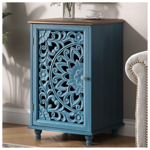 Image of JOINICE Small Accent Cabinet with Hand-Carved Door for Living Room /Bedroom | Hand-Carved Floral Design, Farmhouse /Rustic Style, Space-Saving, Sofa Table, Solid Wood Legs, Adjustable Shelf, Easy Assembly